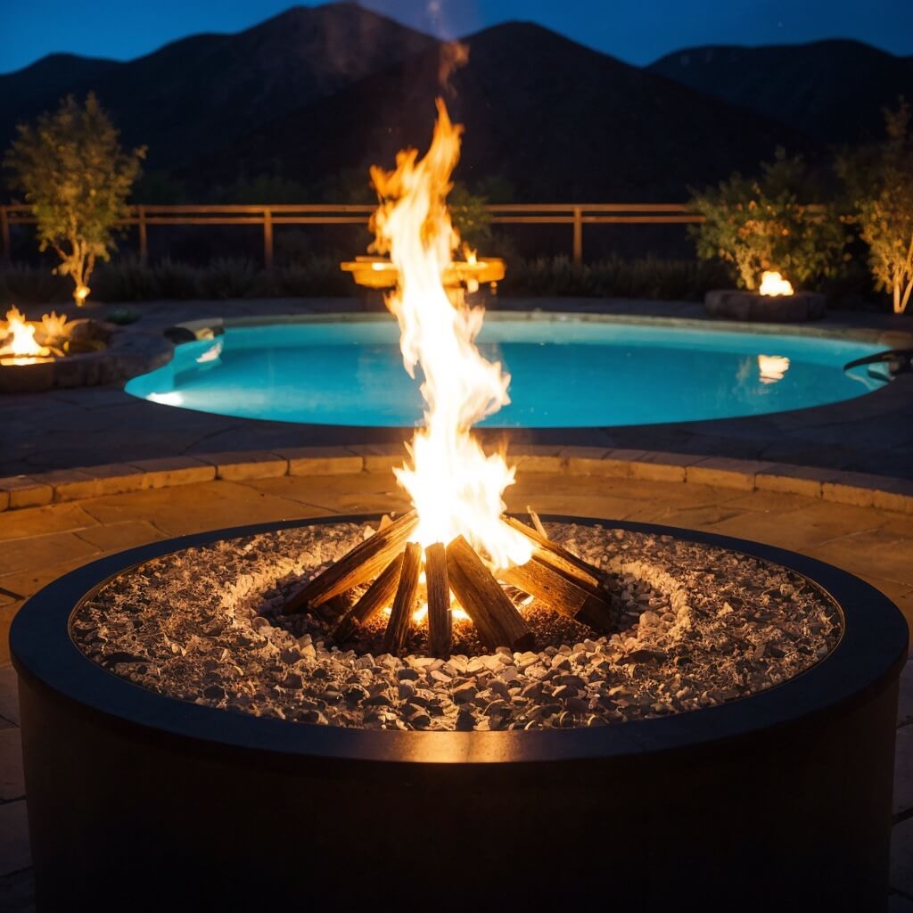 Fire pit and pool in mountain setting