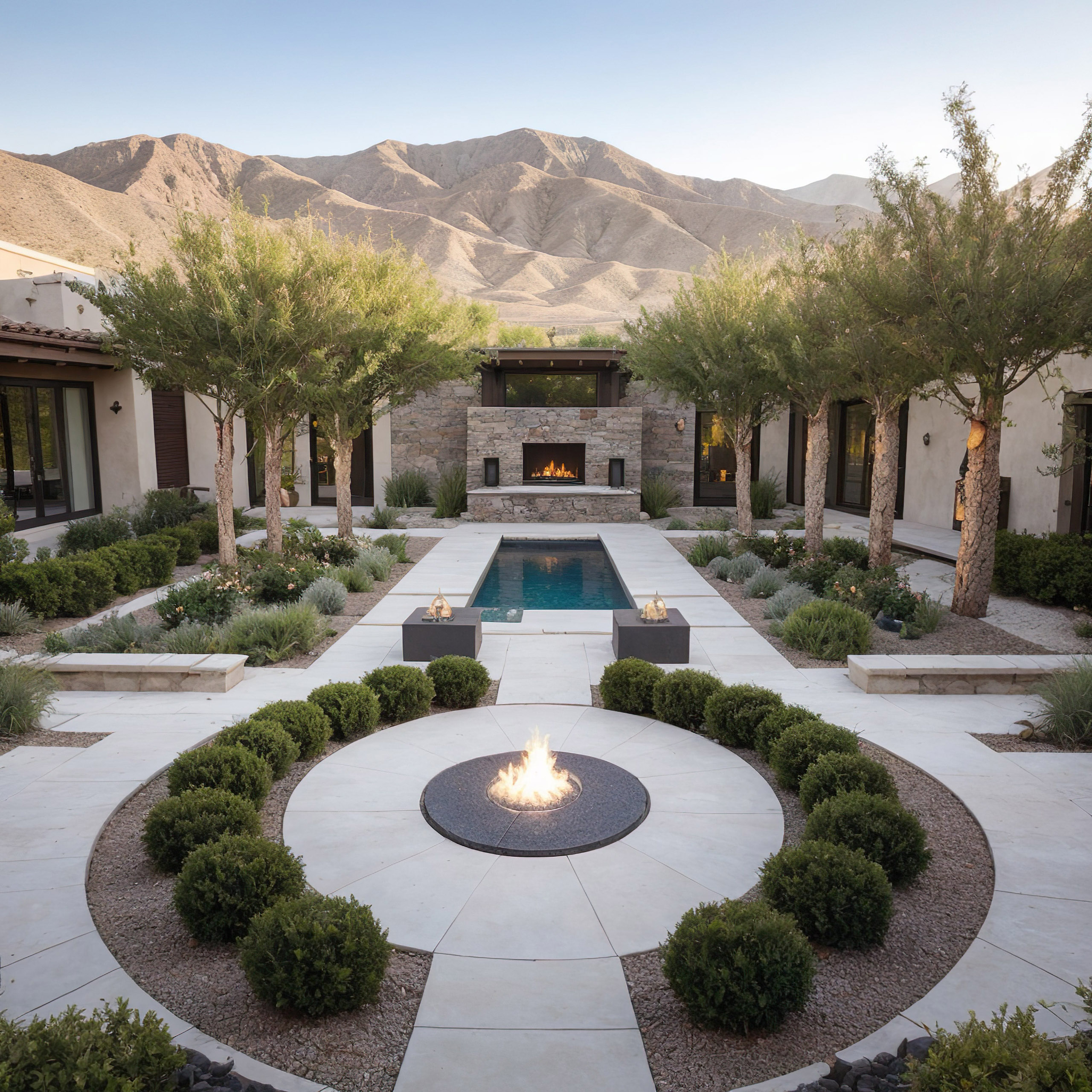 Luxury courtyard with pool and mountain view