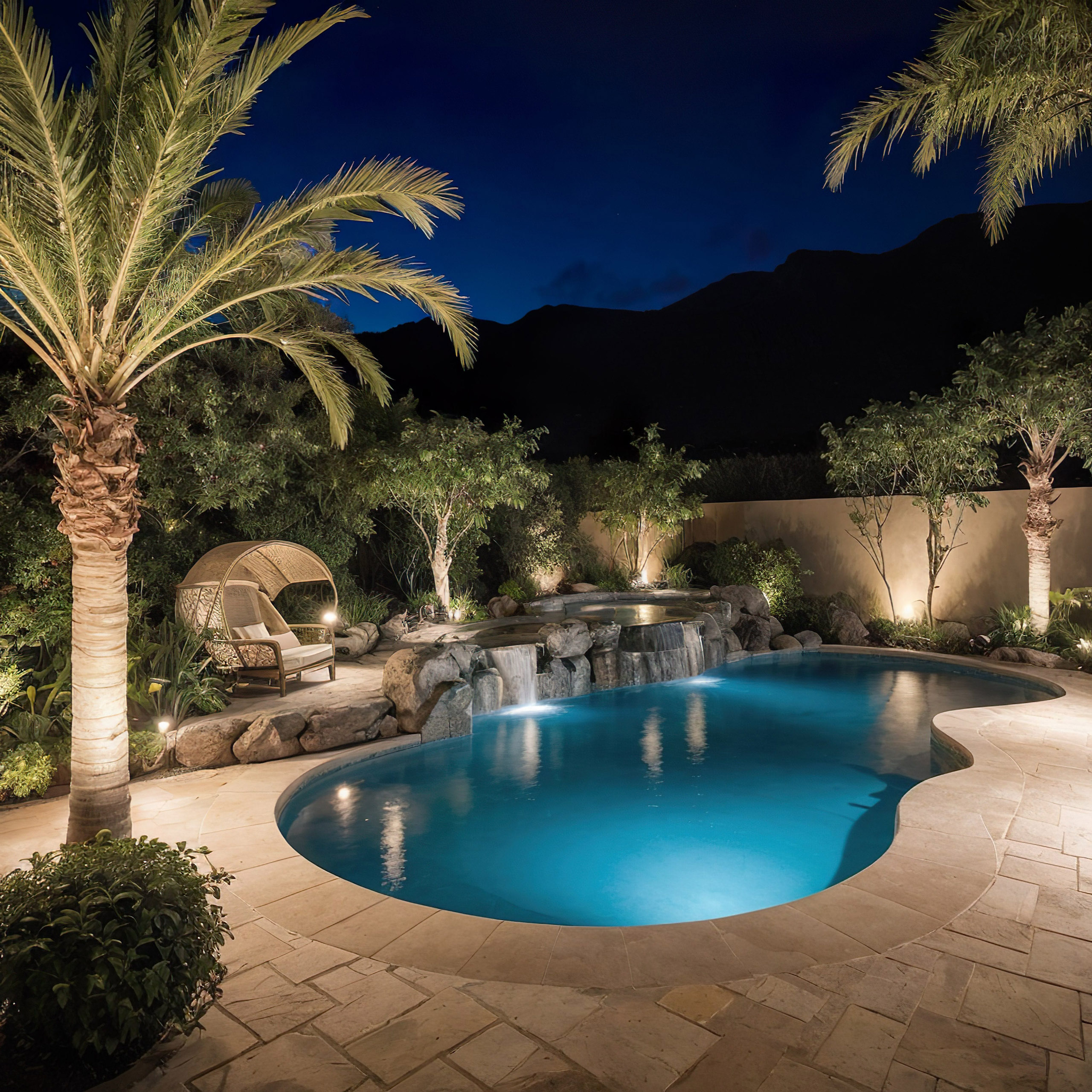 Pool view of lighting effects, sculpted palm trees, at dusk Nighttime view of illuminated backyard pool and waterfall.