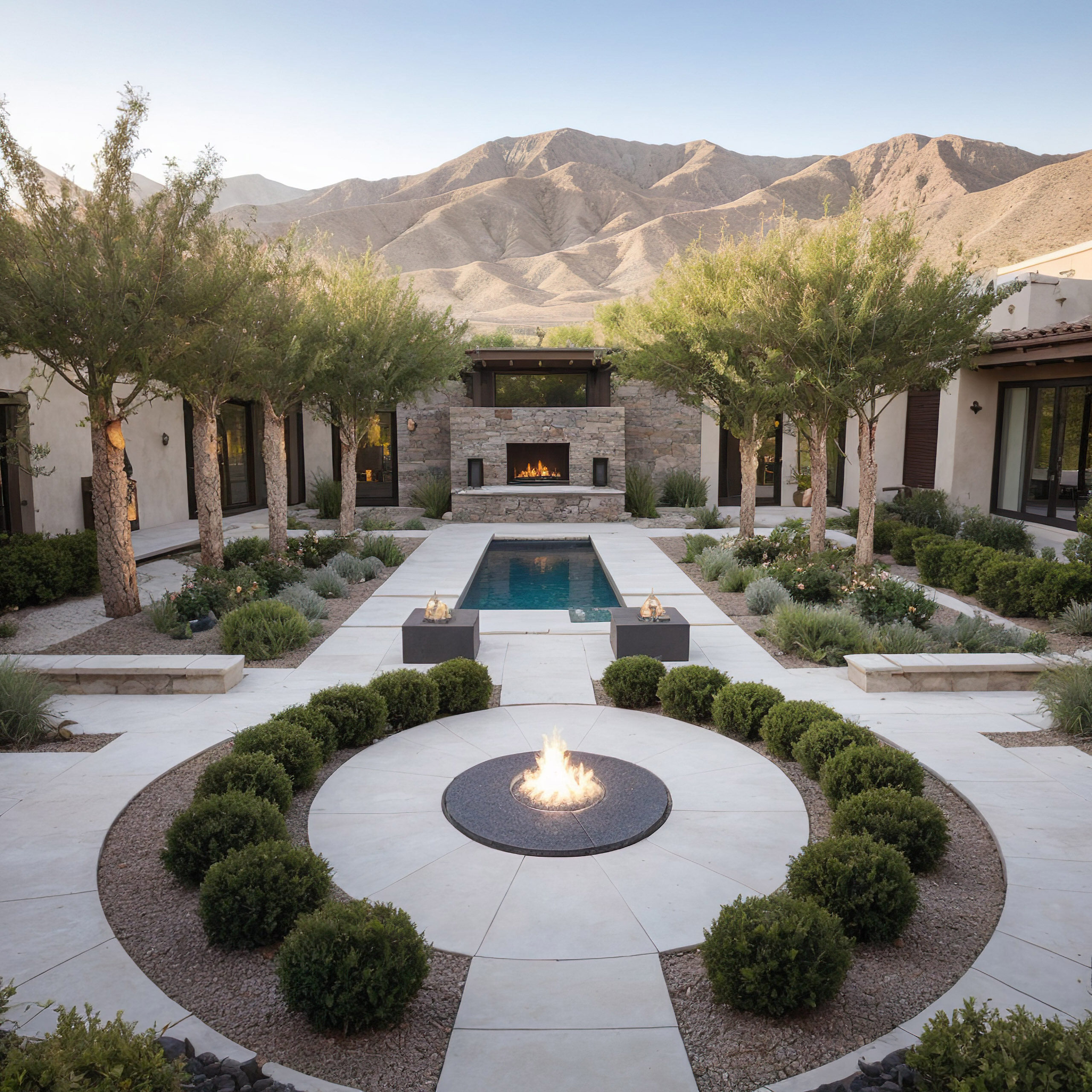 Luxury courtyard with pool and mountain views