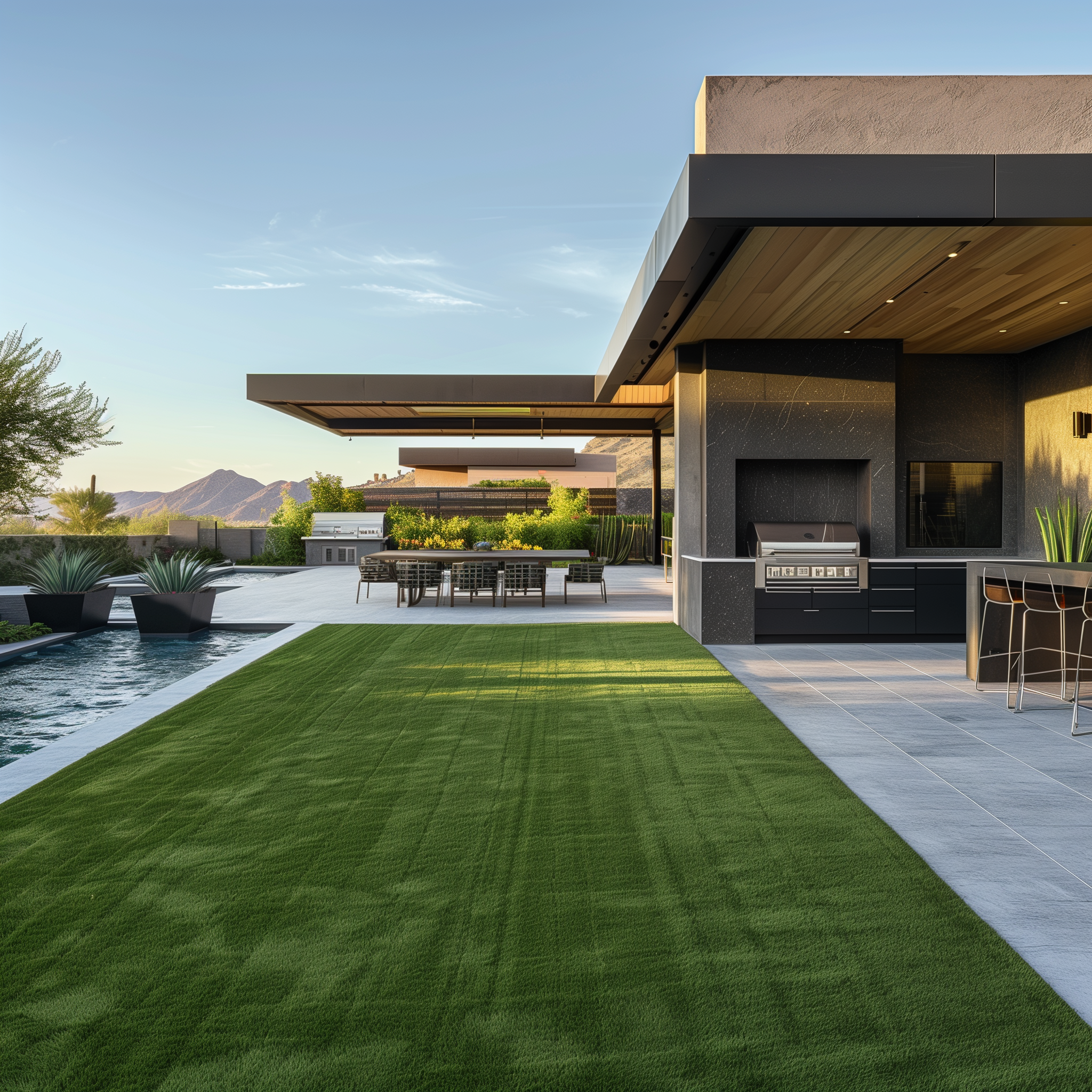 hr004 Modern patio with outdoor kitchen and mountain view.