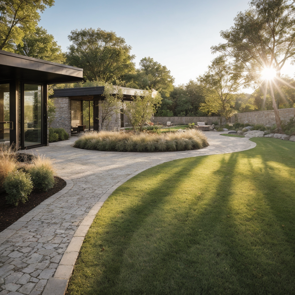 Modern patio with garden and sunlight.