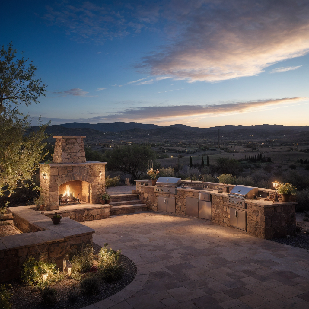 Outdoor kitchen with fireplace at sunset.