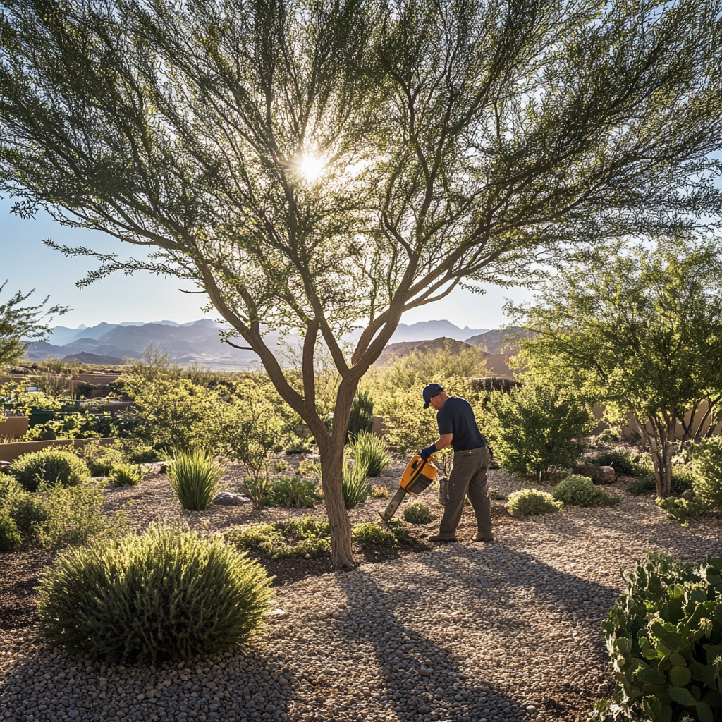 26 Person gardening in sunny desert landscape.