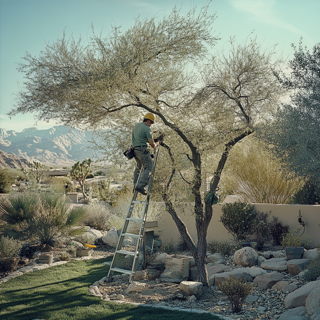 Gardener trimming tree on ladder in desert landscape.