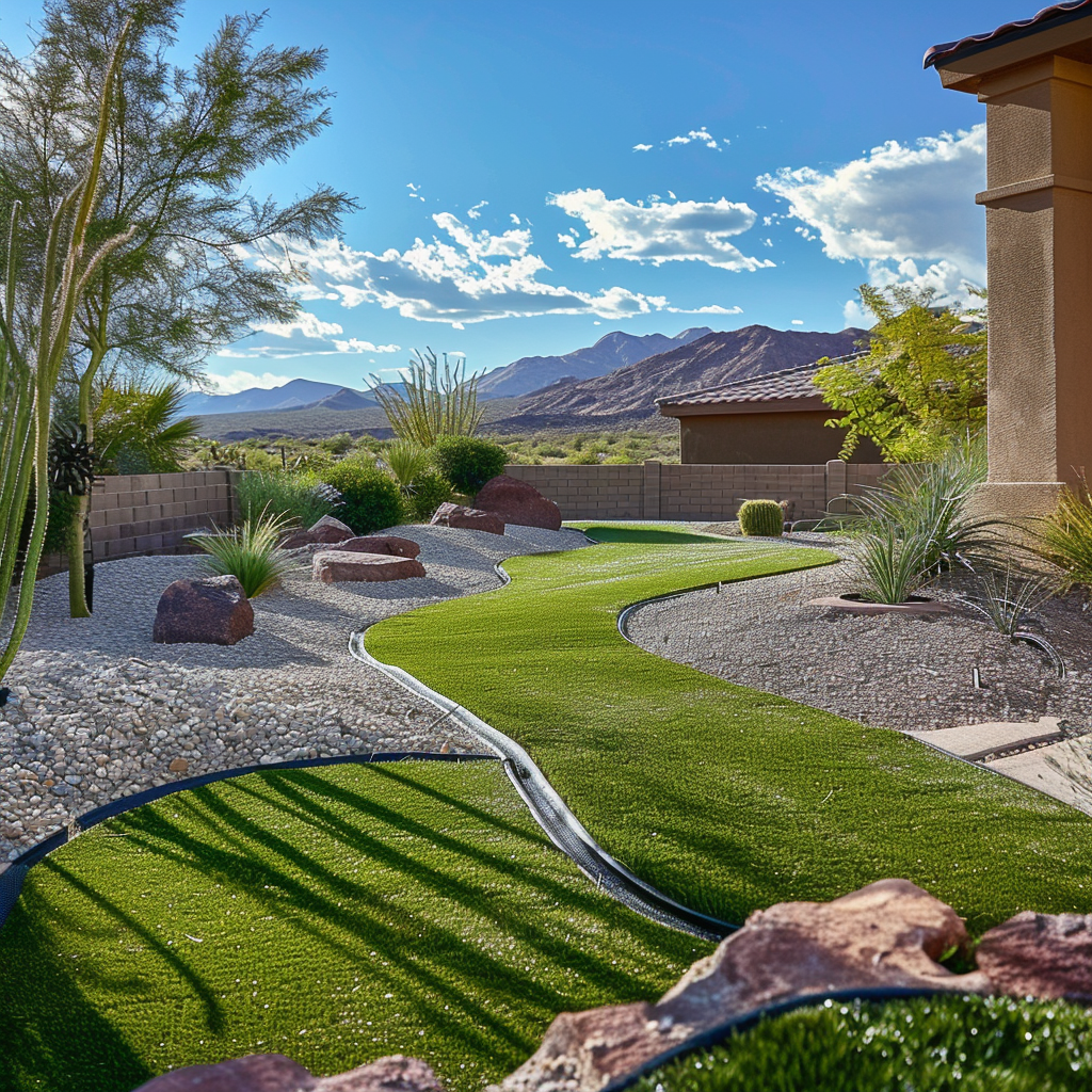 Turf Desert backyard with artificial grass and mountain views.