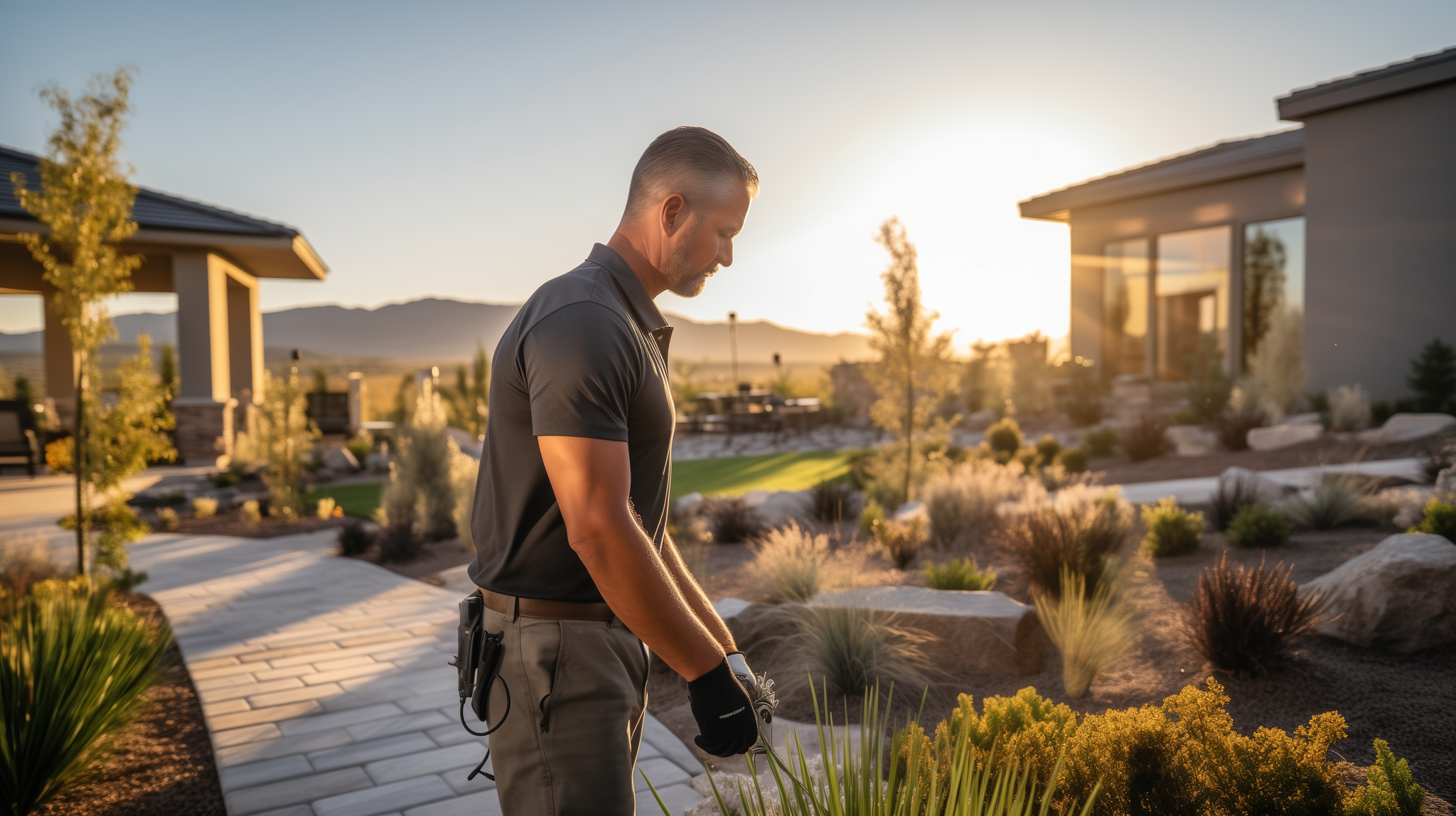 Man landscaping garden at modern home, sunset view