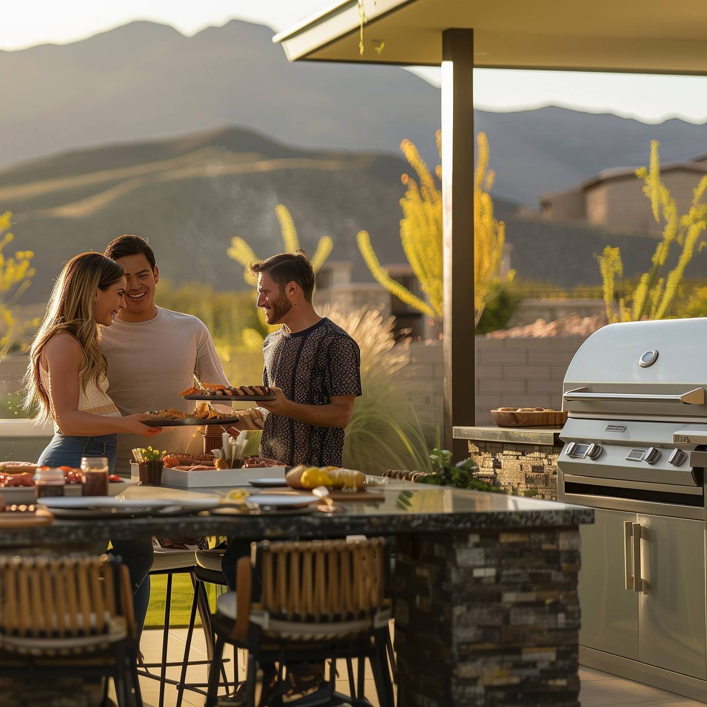 Friends enjoying a backyard barbecue together outside.