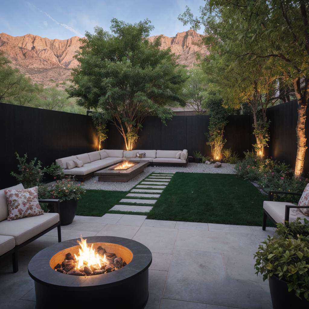 Cozy backyard with seating, fire pit, and mountain view.