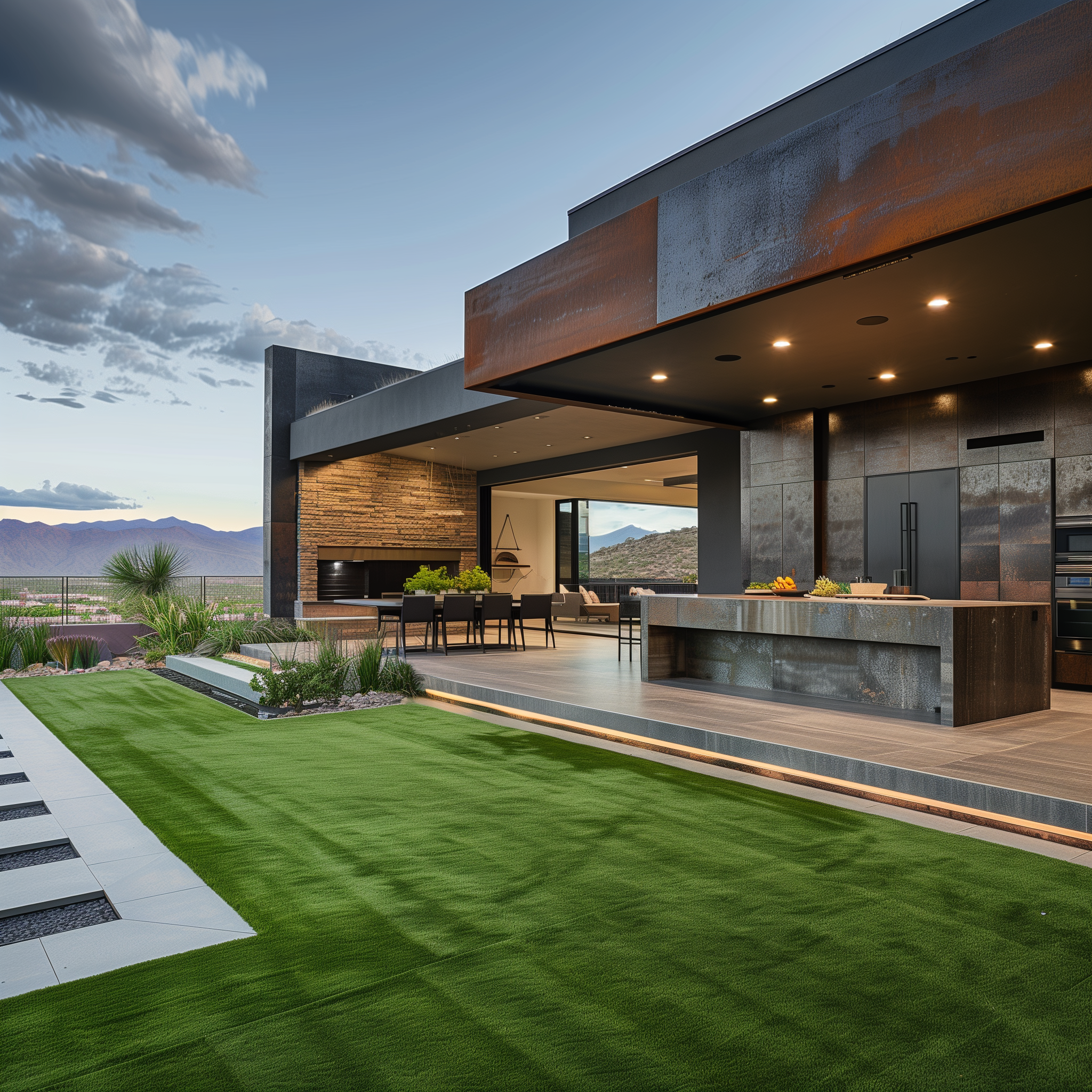 Modern home exterior with mountain view.