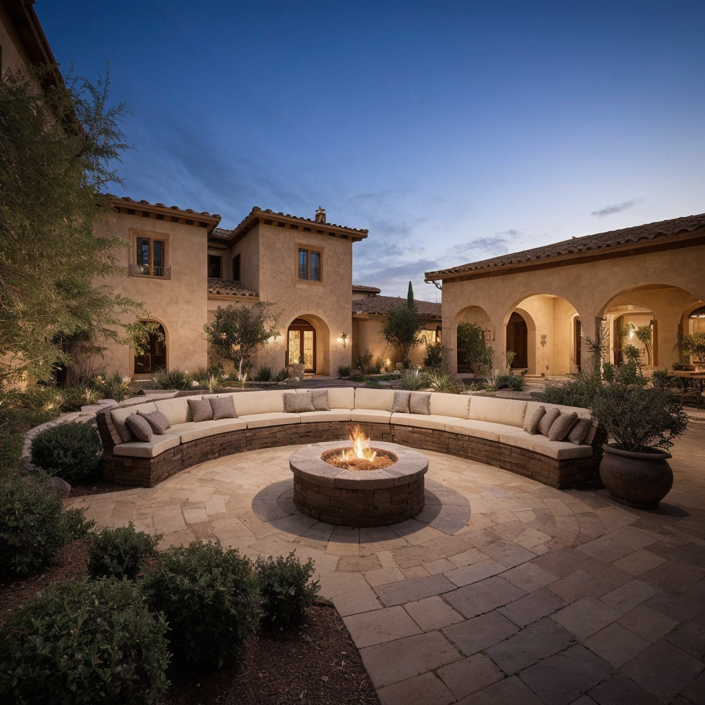 Elegant courtyard with circular fire pit and seating.