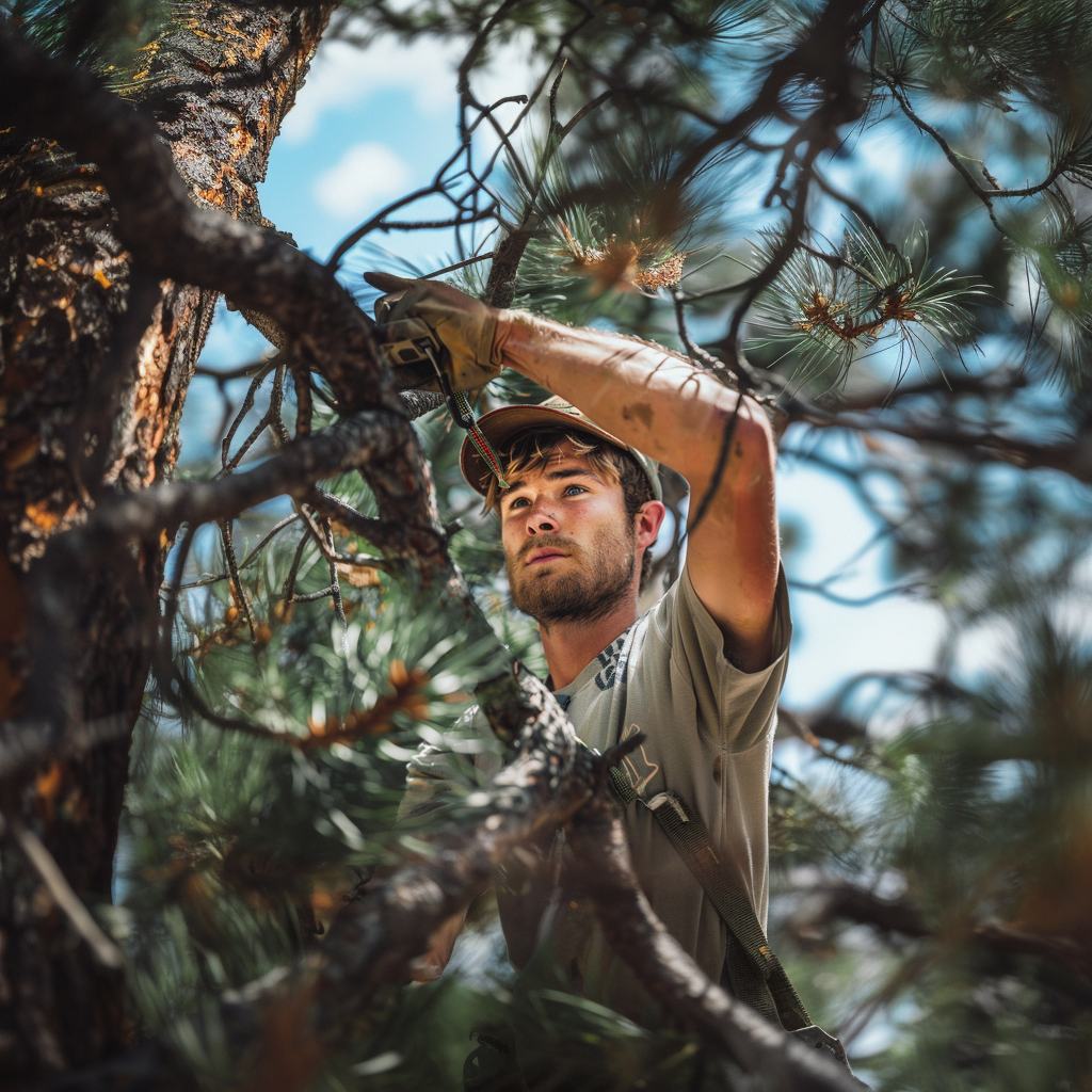 Man trimming tree branches outdoors