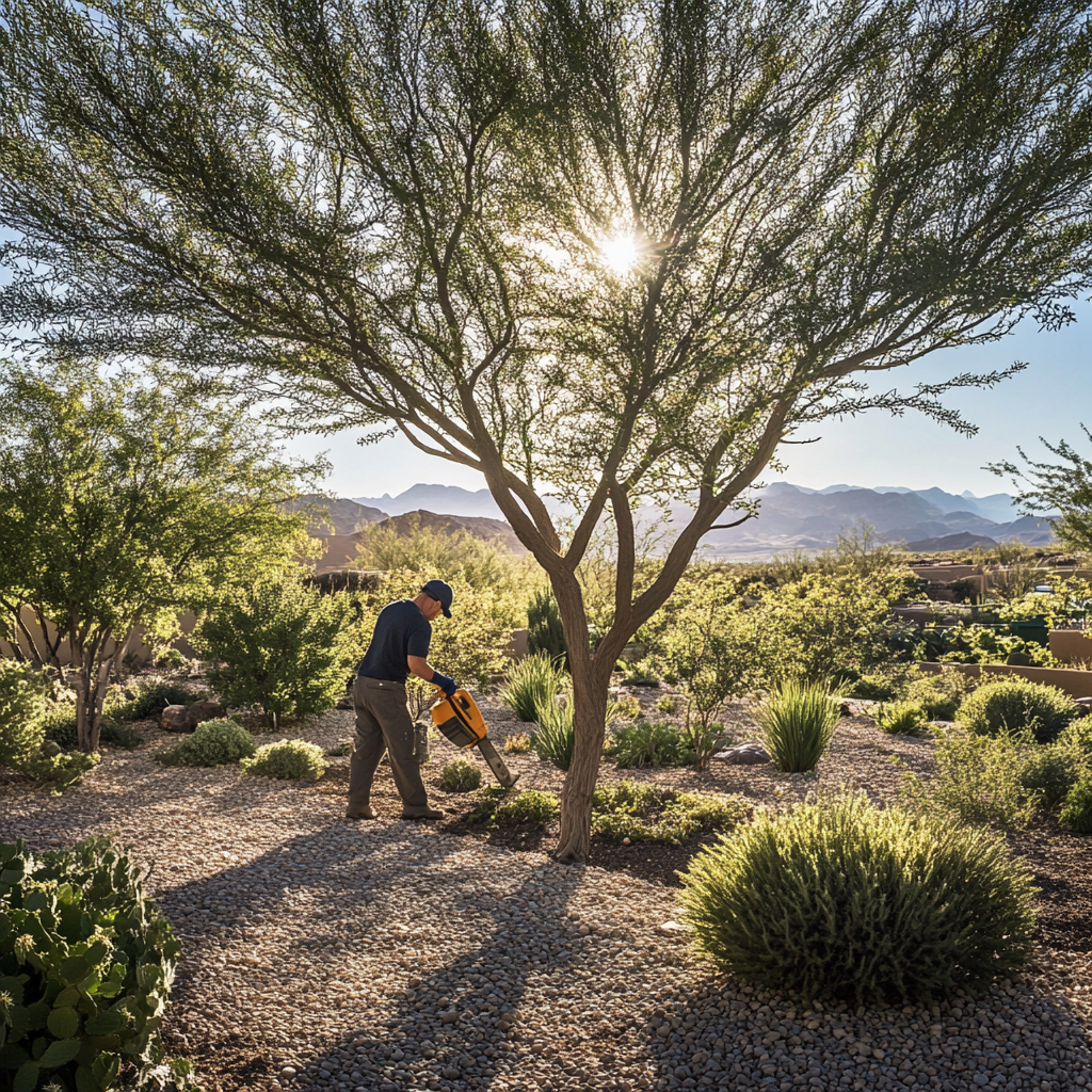 Man using leaf blower in sunlit desert garden.
