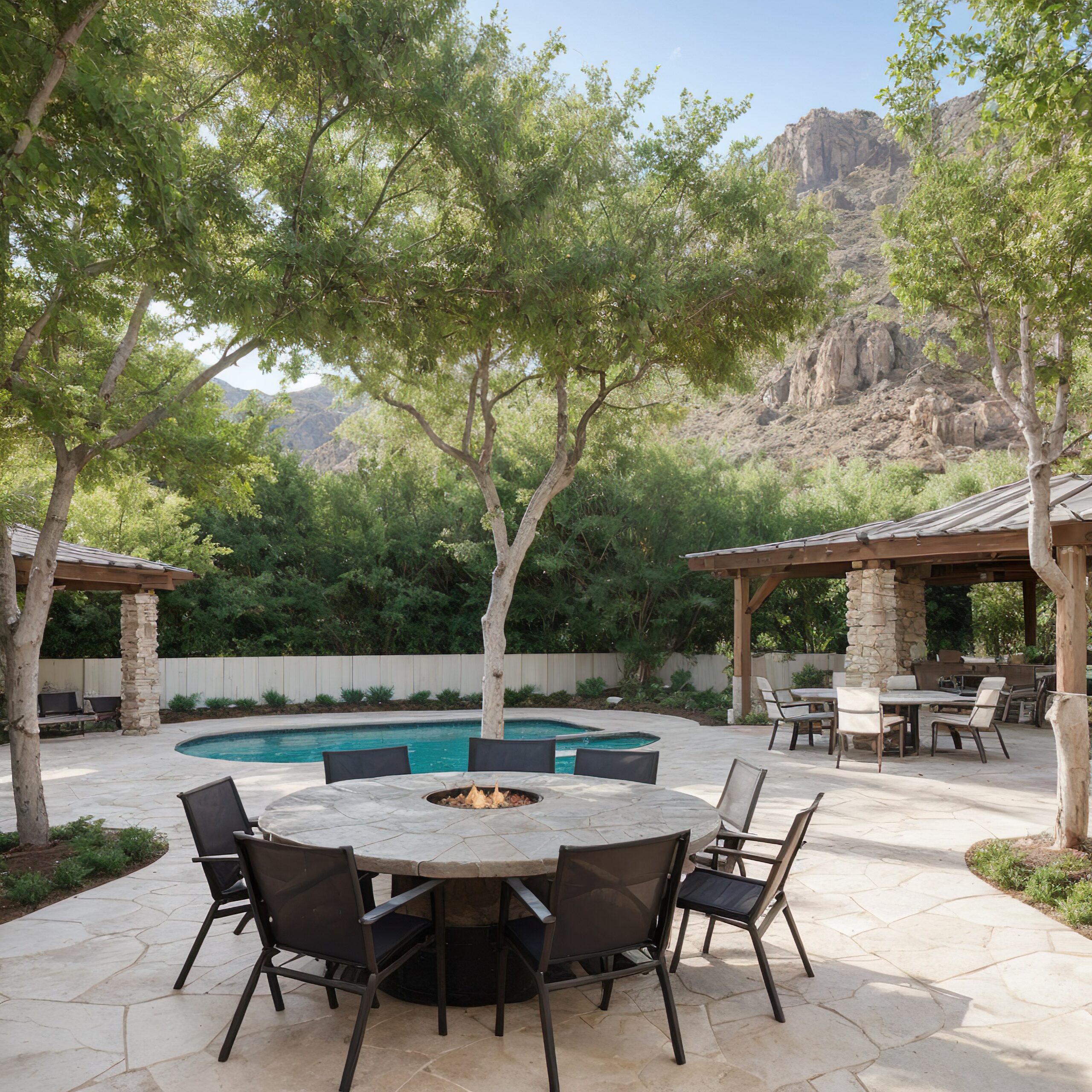 Backyard patio with firepit and pool.