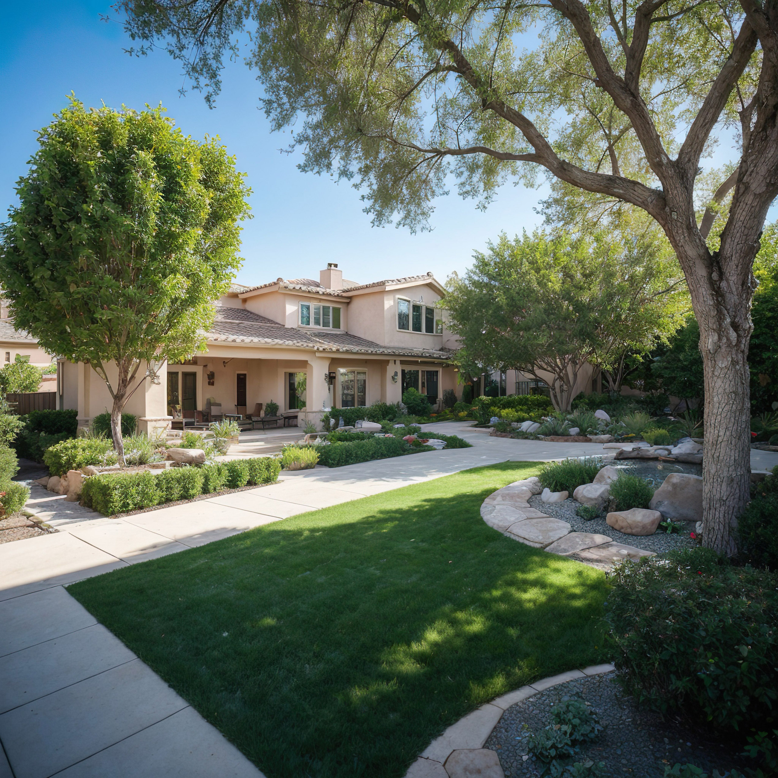 Beautiful house with lush garden and trees