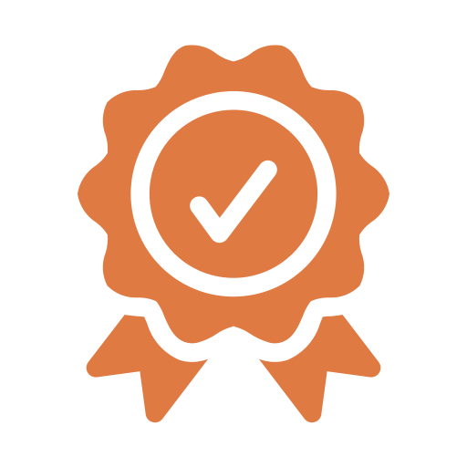 Orange badge with check mark and ribbons