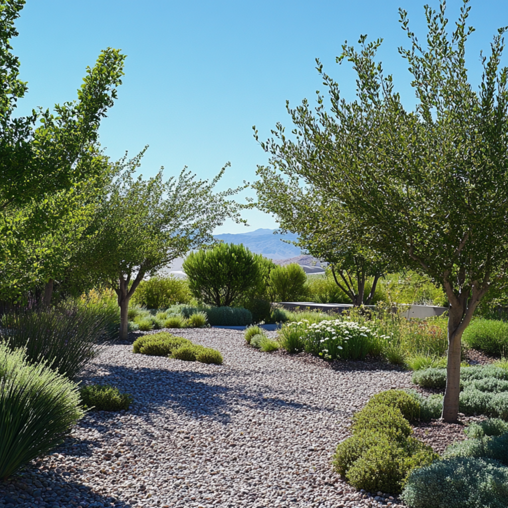 Desert garden with trees and gravel pathway