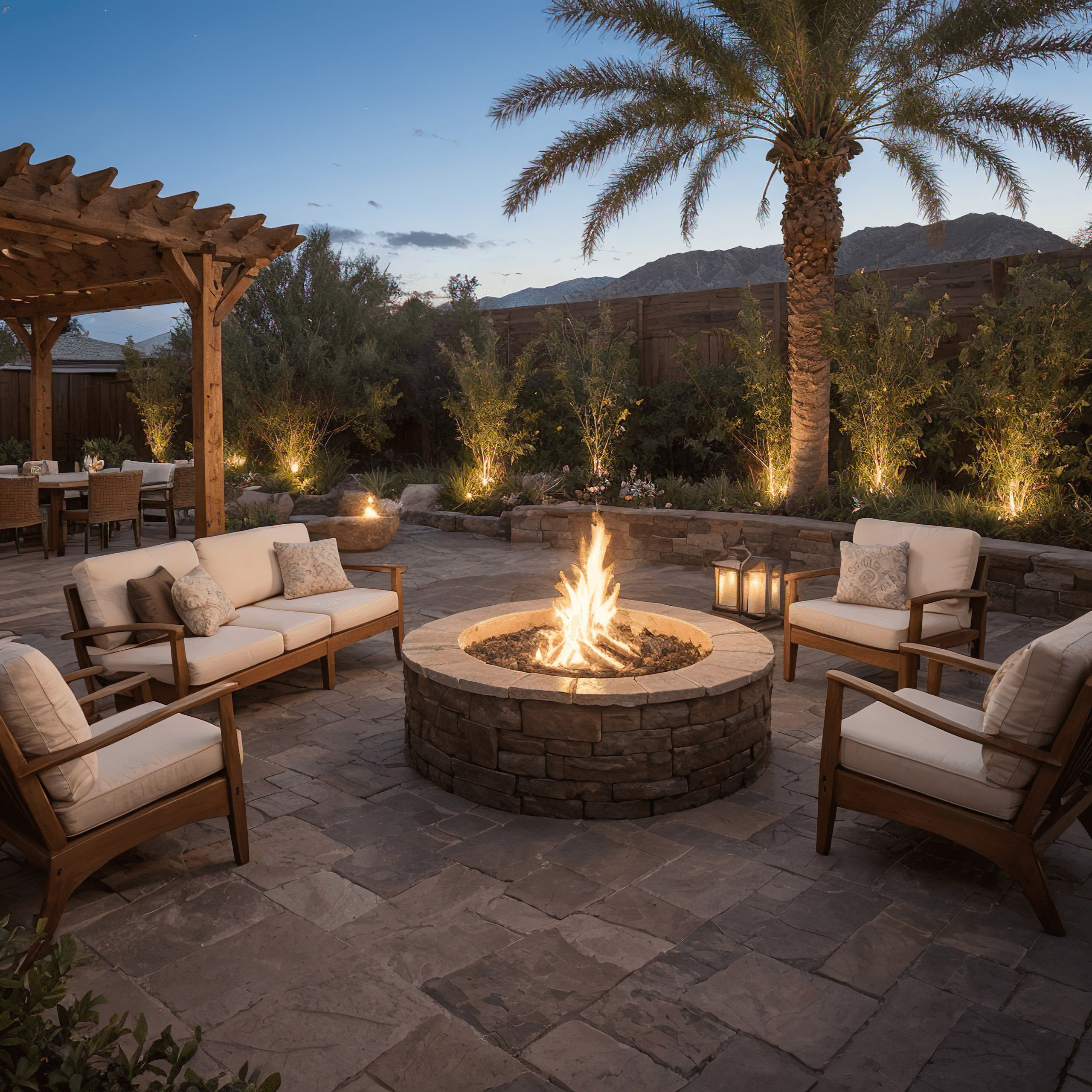 Cozy outdoor fire pit with seating at dusk.
