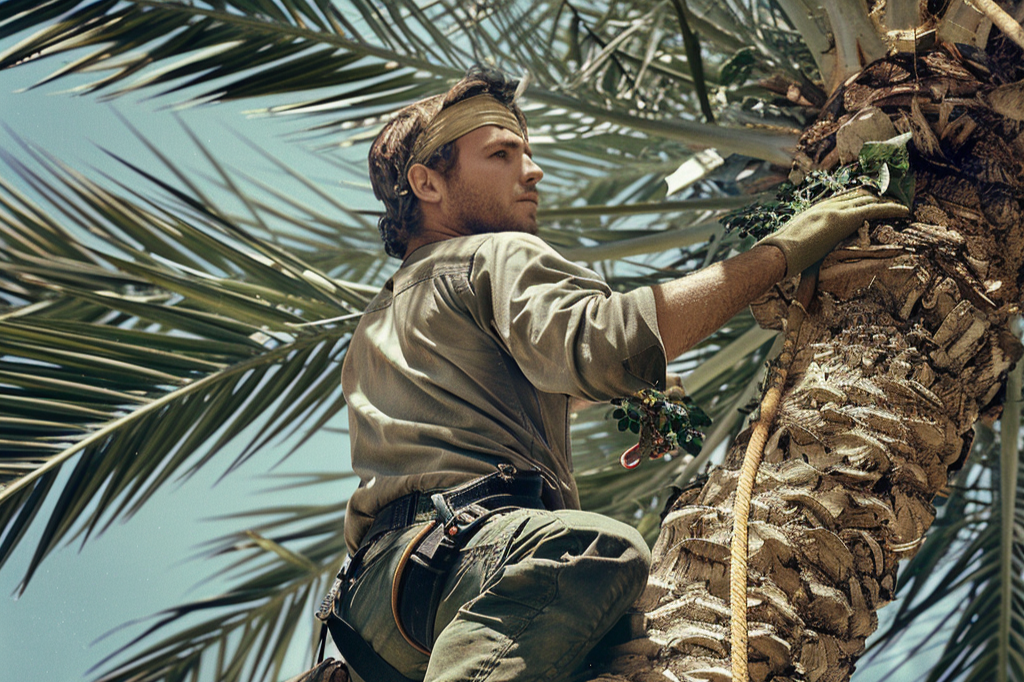 Man climbing palm tree with rope harness.