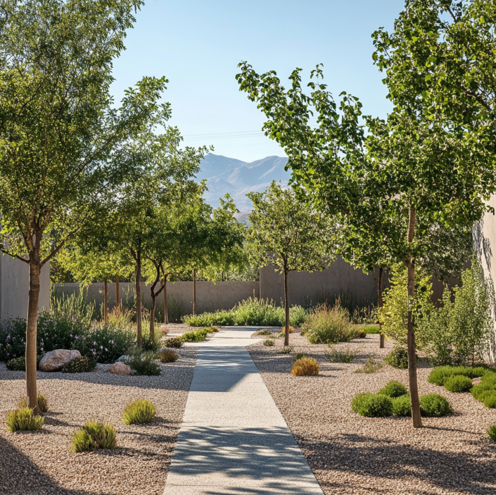 Desert garden pathway with trees and mountains.