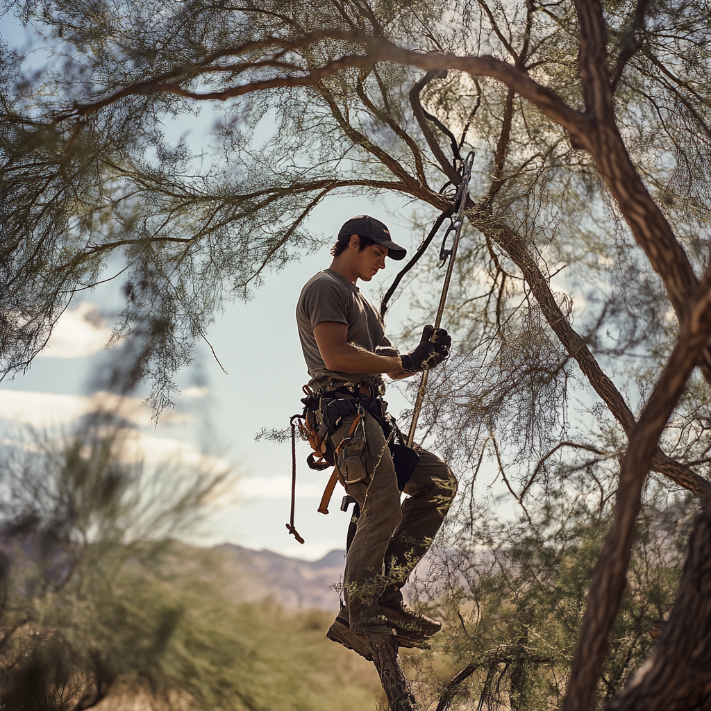 image (20) Arborist climbing tree using ropes in desert landscape.