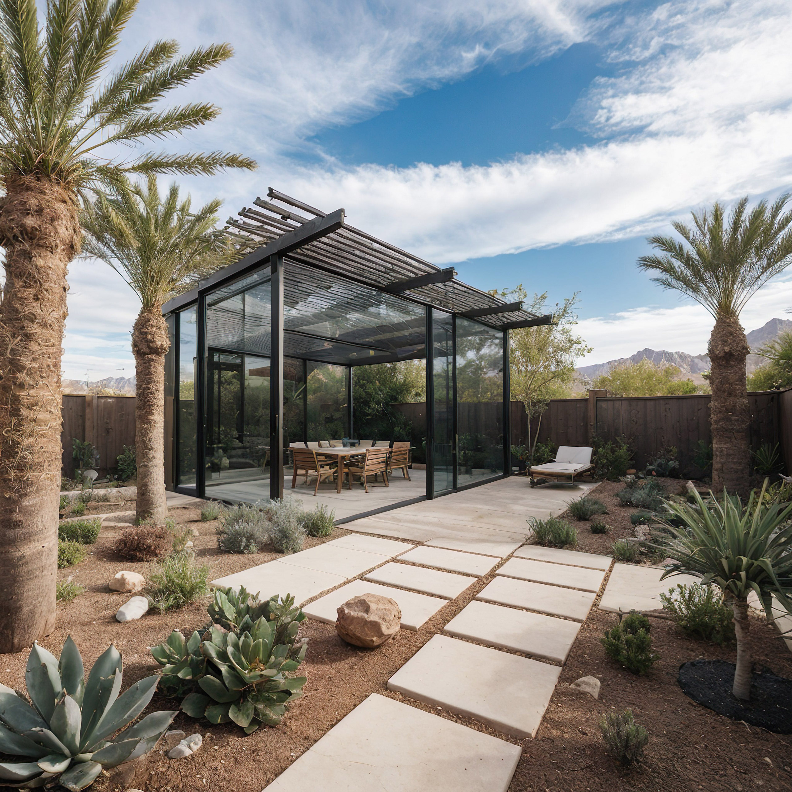 Modern glass patio with desert landscaping.
