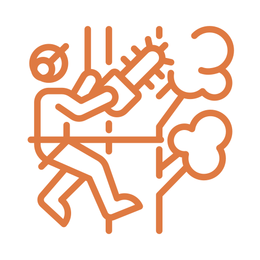 Illustration of tree surgeon using chainsaw.